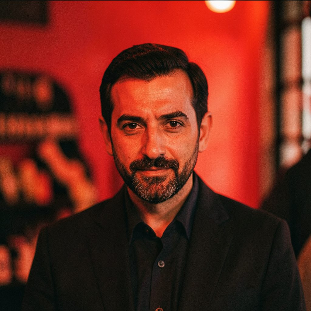 مشهد سينمائي عريض بألوان داكنة يجمع صورًا صحفية متراكبة بإحساس إخباري جاد وأجواء حمراء وسوداء هادئة